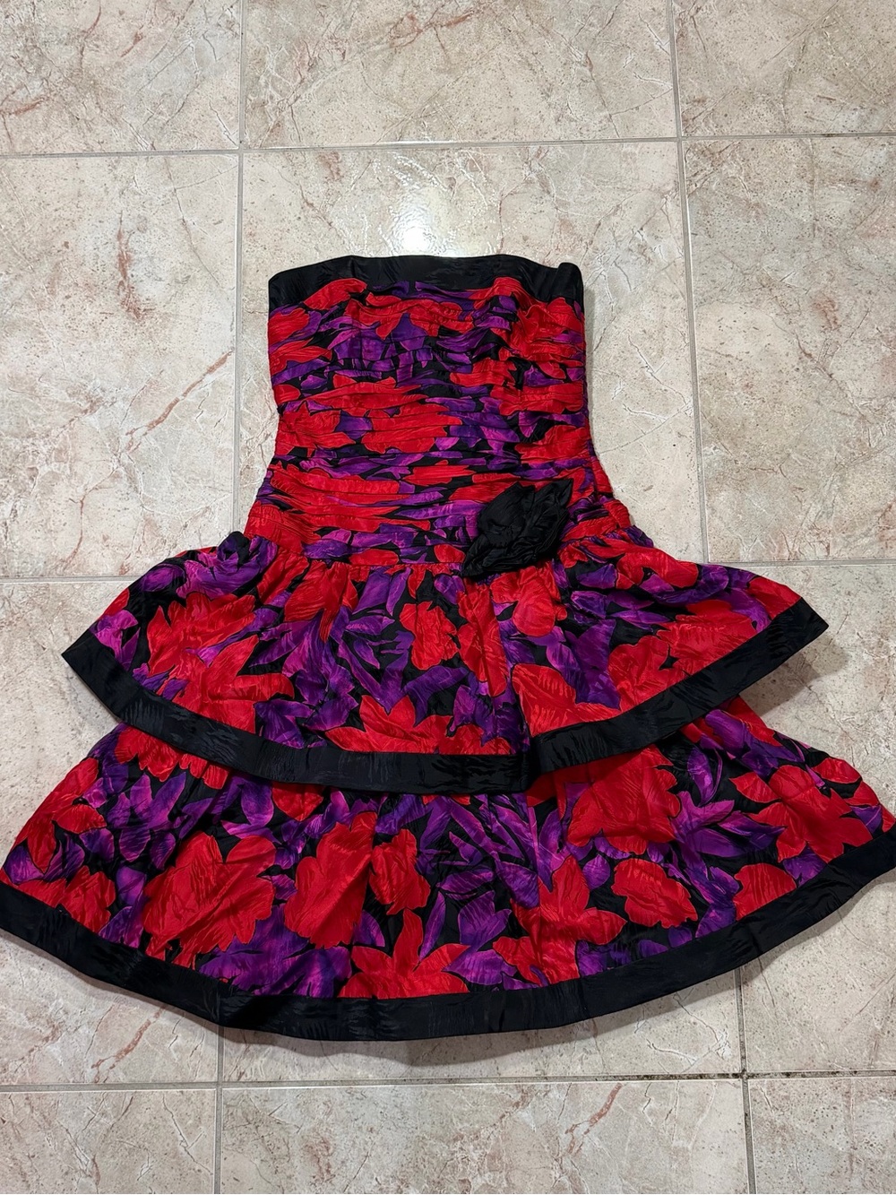Vintage 80s A.J. Bari 100% Silk Floral Strapless Party Dress 10